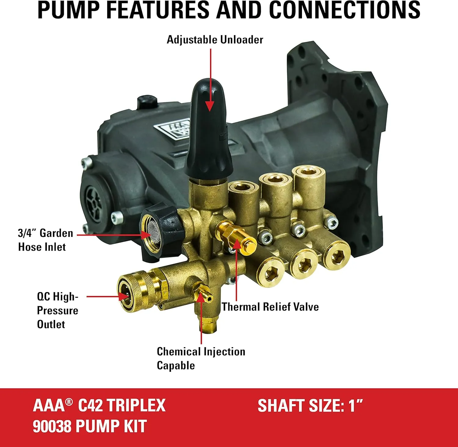 AAA Pumps 90038 Horizontal Triplex Plunger Replacement Pressure Washer Pump Kit, 3800 PSI, 3.5 GPM, 1" Shaft, Includes Hardware and Siphon Tube, for Industrial Gas Powered Machines, Black