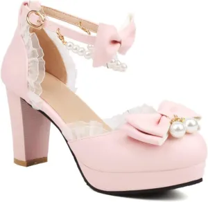 Aflngle Women's Bow Pearl Heels Mary Jane Pumps Round Toe Closed Platform Chunky Heel Ankle Strap Buckle Shoes Cute Sweet Lace Kawaii Lolita Princess Wedding Party Dress Shoes