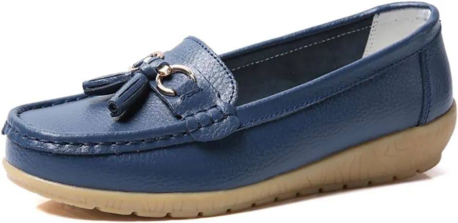 AIFLM Womens Leather Loafer Moccasin Slip on Driving Nurse Walking Working Shoes Non Slip Casual Shoes Light Antiskid Flat Soled Bowknot