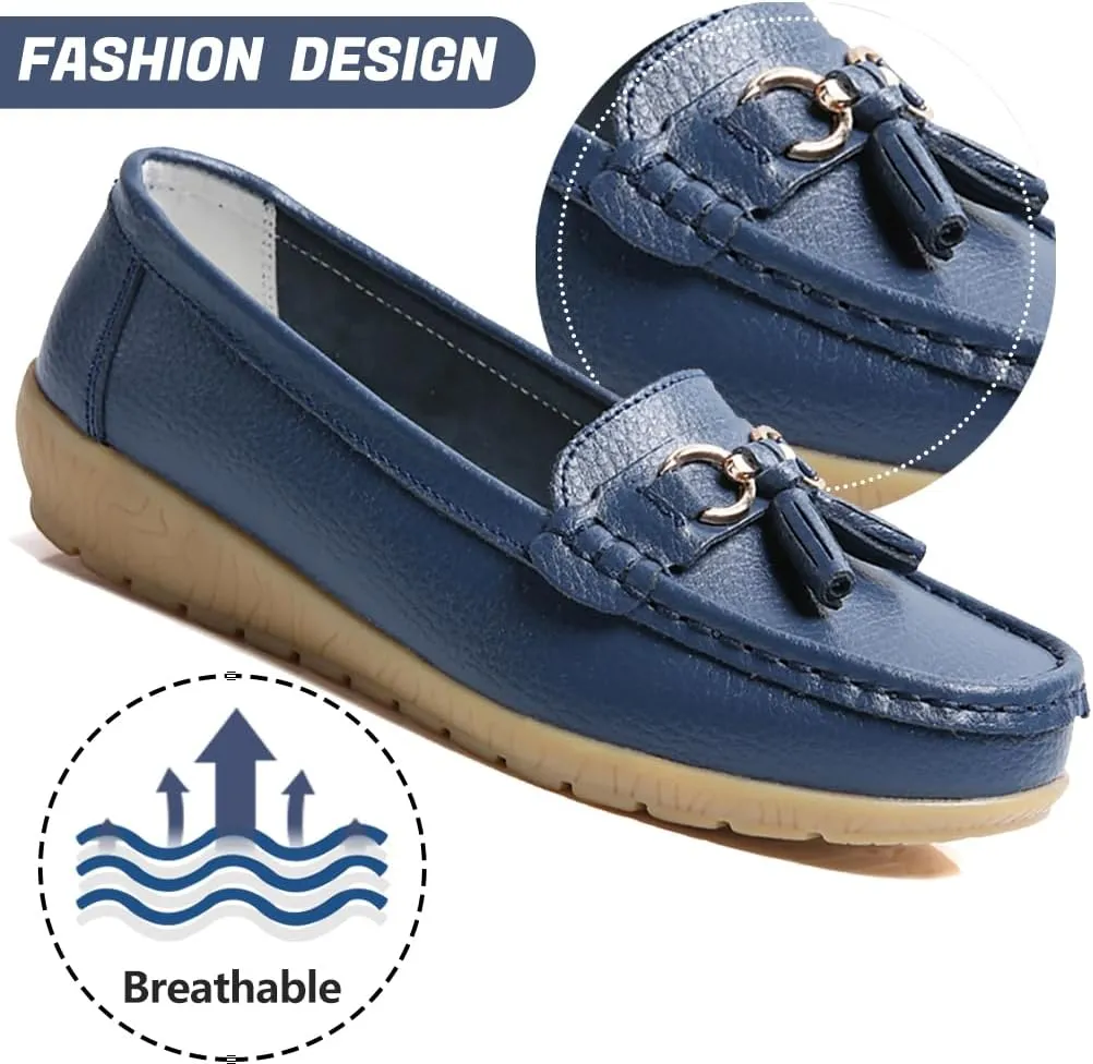 AIFLM Womens Leather Loafer Moccasin Slip on Driving Nurse Walking Working Shoes Non Slip Casual Shoes Light Antiskid Flat Soled Bowknot