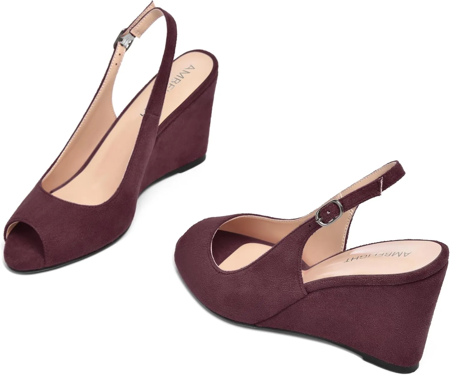 AMBELIGHT Womens Sexy Evening Buckle Suede Solid Slingback Peep Toe Wedge High Heel Pumps Shoes 3.3 Inch