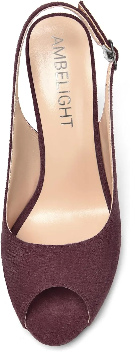 AMBELIGHT Womens Sexy Evening Buckle Suede Solid Slingback Peep Toe Wedge High Heel Pumps Shoes 3.3 Inch