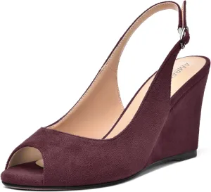 AMBELIGHT Womens Sexy Evening Buckle Suede Solid Slingback Peep Toe Wedge High Heel Pumps Shoes 3.3 Inch