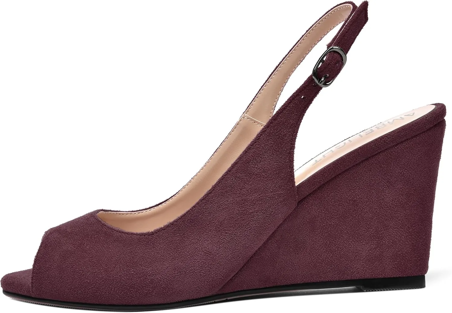 AMBELIGHT Womens Sexy Evening Buckle Suede Solid Slingback Peep Toe Wedge High Heel Pumps Shoes 3.3 Inch