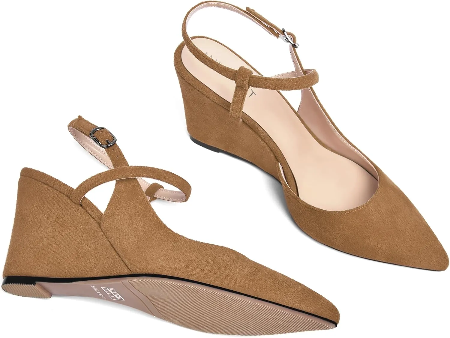 AMBELIGHT Womens Solid Pointed Toe Buckle Bridal Ankle Strap Sexy Suede Wedge High Heel Pumps Shoes 3.3 Inch