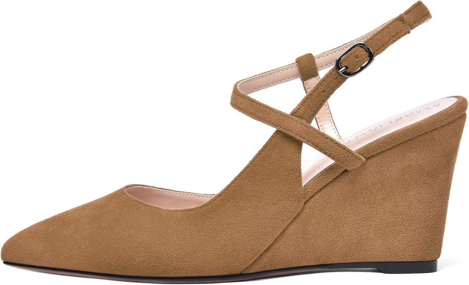 AMBELIGHT Womens Solid Pointed Toe Buckle Bridal Ankle Strap Sexy Suede Wedge High Heel Pumps Shoes 3.3 Inch