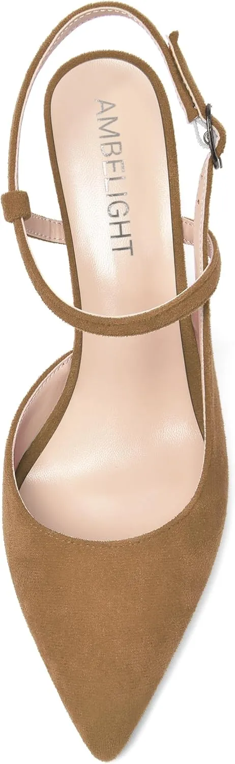 AMBELIGHT Womens Solid Pointed Toe Buckle Bridal Ankle Strap Sexy Suede Wedge High Heel Pumps Shoes 3.3 Inch