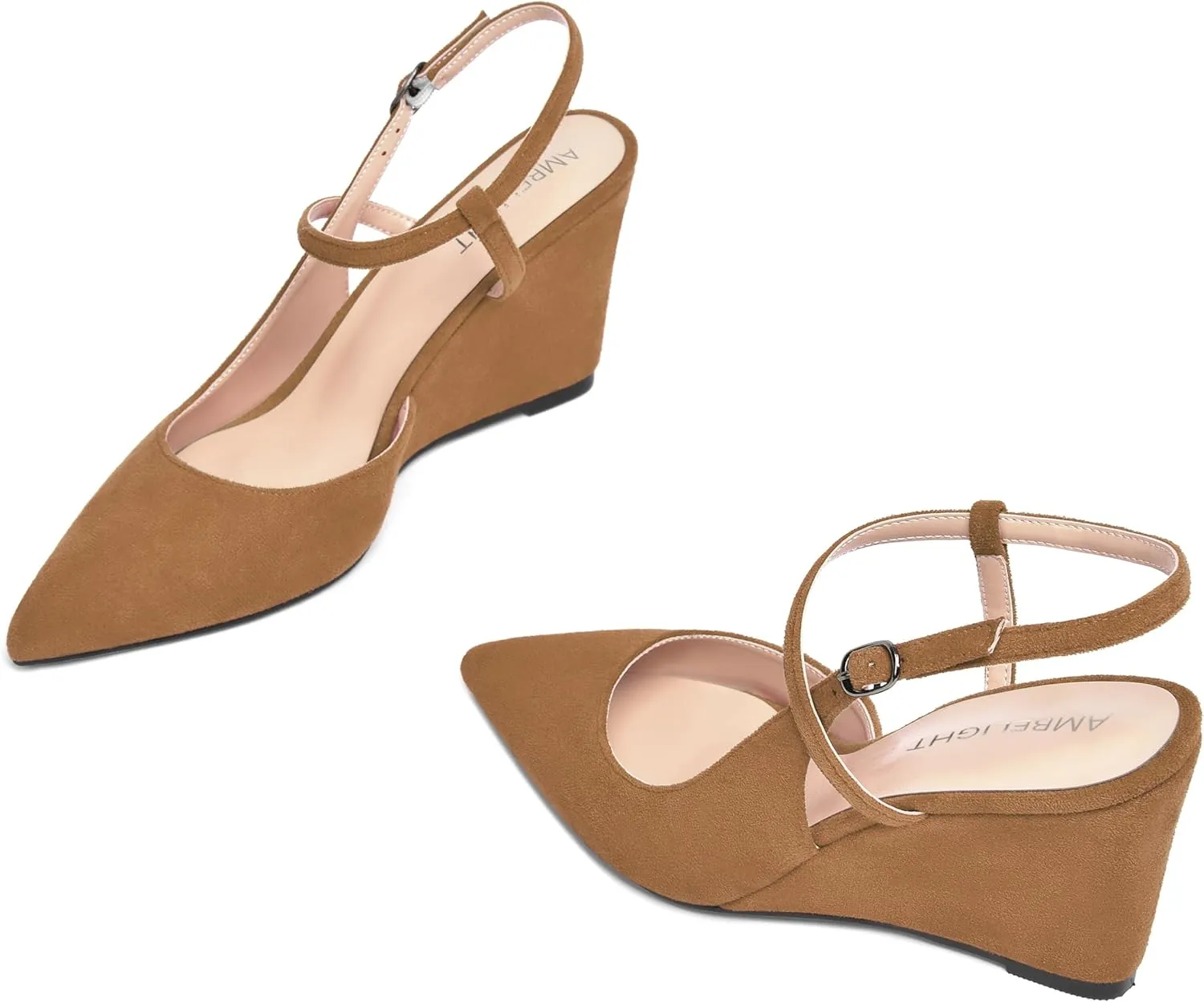 AMBELIGHT Womens Solid Pointed Toe Buckle Bridal Ankle Strap Sexy Suede Wedge High Heel Pumps Shoes 3.3 Inch