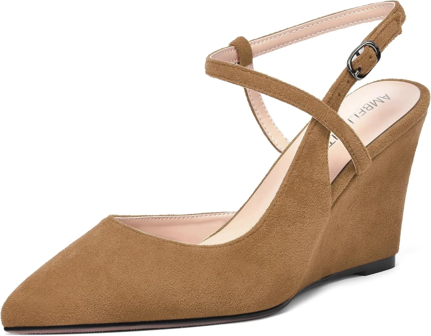 AMBELIGHT Womens Solid Pointed Toe Buckle Bridal Ankle Strap Sexy Suede Wedge High Heel Pumps Shoes 3.3 Inch