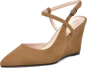 AMBELIGHT Womens Solid Pointed Toe Buckle Bridal Ankle Strap Sexy Suede Wedge High Heel Pumps Shoes 3.3 Inch