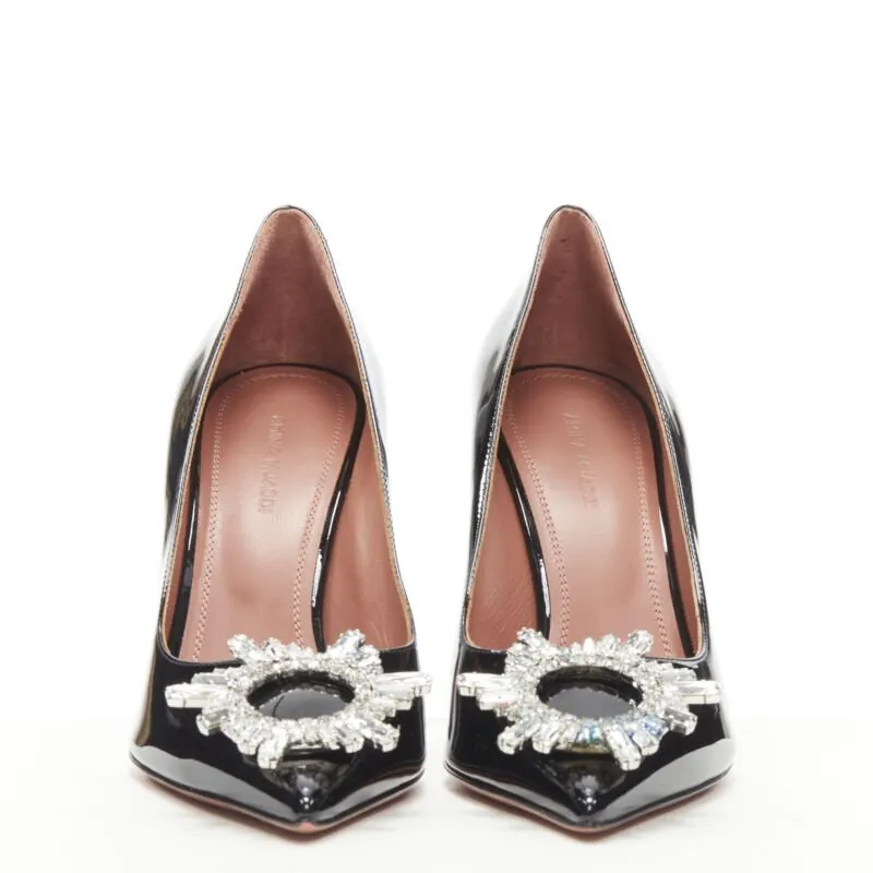 AMINA MUADDI Begum black patent crystal buckle point toe pump EU37