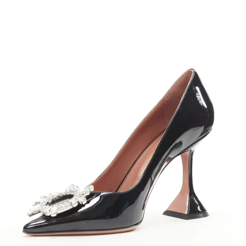 AMINA MUADDI Begum black patent crystal buckle point toe pump EU37