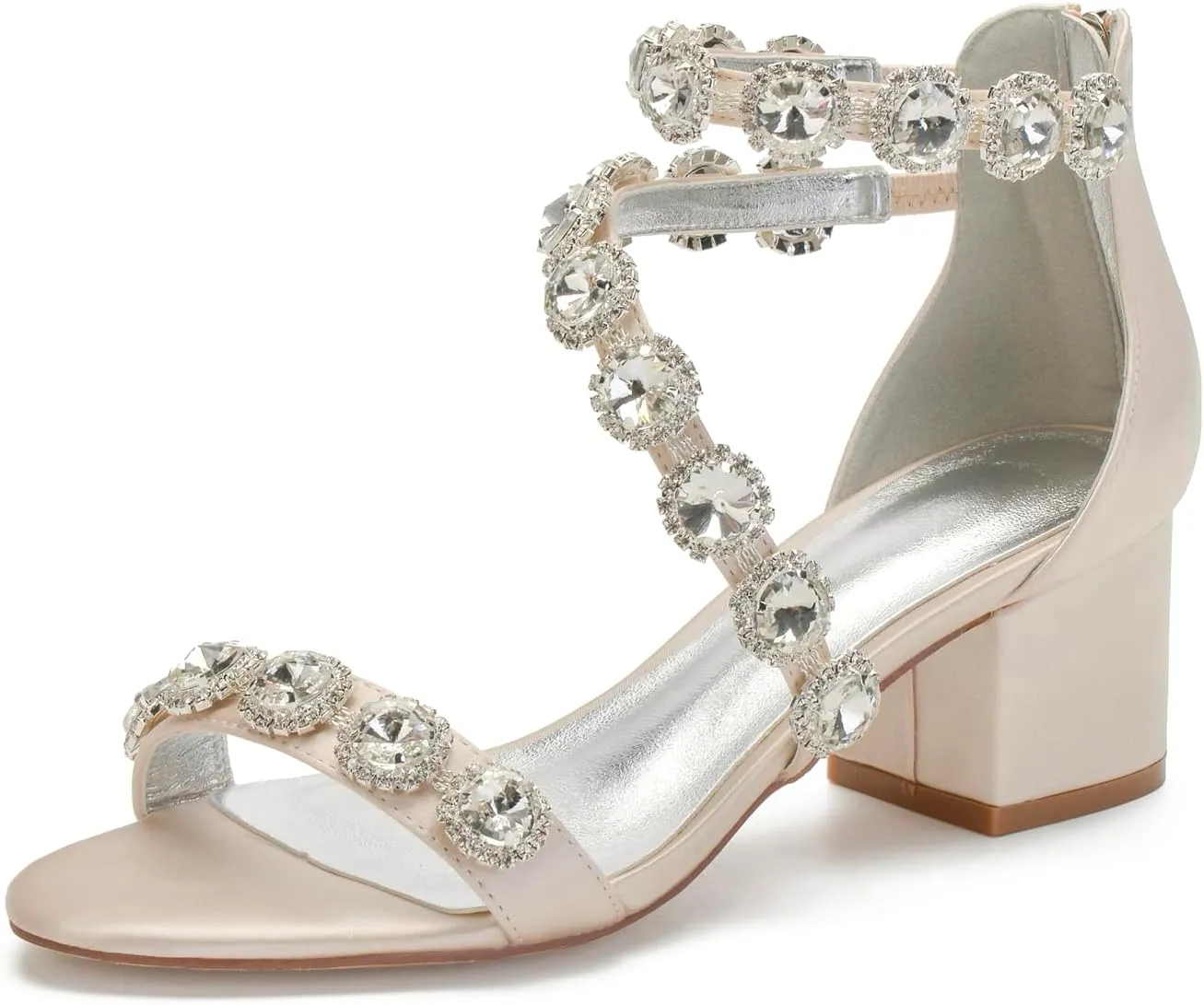 Anna's Bridal White Block Heels Sandals for Women Wide Width Crystal Wedding Shoes for Bride Low Heel Comfortable Pump for Prom Party