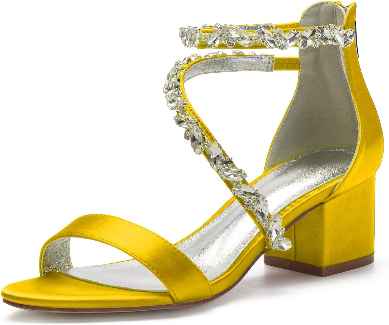 Anna's Bridal White Block Heels Sandals for Women Wide Width Crystal Wedding Shoes for Bride Low Heel Comfortable Pump for Prom Party