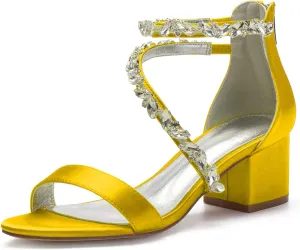 Anna's Bridal White Block Heels Sandals for Women Wide Width Crystal Wedding Shoes for Bride Low Heel Comfortable Pump for Prom Party