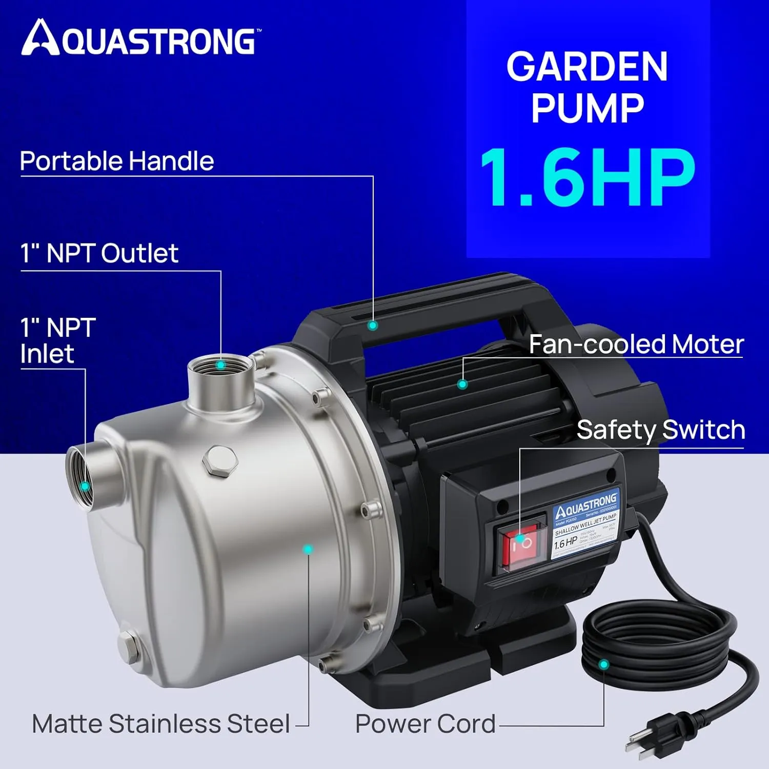 Aquastrong 1.6 HP Portable Shallow Well Pump Garden, 1320 GPH, 115V, Stainless Steel, Sprinkler, Water Transfer Draining Irrigation Pump, for Lawn or Garden…