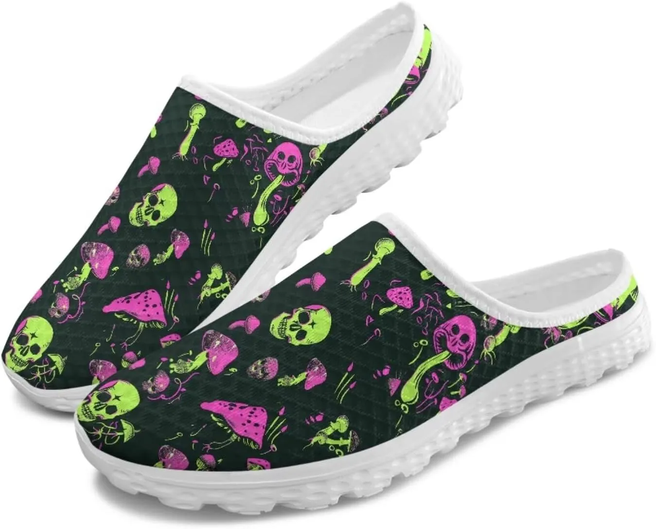 Art Skull Design Women Mesh Mules Memory Foam Flat Anti-Slip Fashion Sneakers Comfortable Slip-On Mule Garden Shoes
