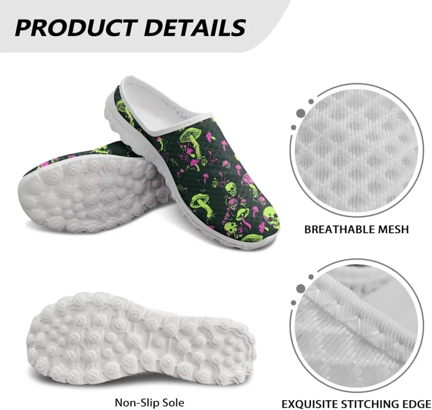 Art Skull Design Women Mesh Mules Memory Foam Flat Anti-Slip Fashion Sneakers Comfortable Slip-On Mule Garden Shoes