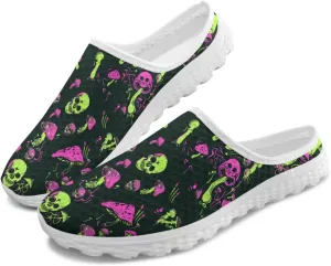 Art Skull Design Women Mesh Mules Memory Foam Flat Anti-Slip Fashion Sneakers Comfortable Slip-On Mule Garden Shoes