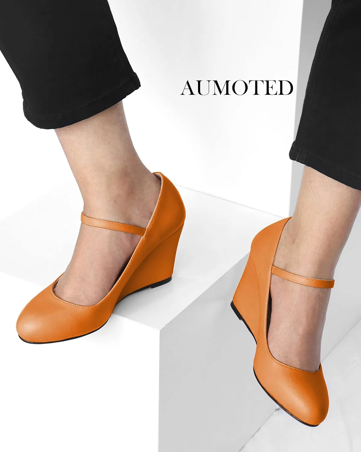AUMOTED Women Wedge Round Toe Pumps High Heels Mary Jane Ankle Strap with Adjustable Buckle Wedding Party Dress Shoes 3.4 Inches
