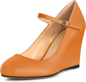 AUMOTED Women Wedge Round Toe Pumps High Heels Mary Jane Ankle Strap with Adjustable Buckle Wedding Party Dress Shoes 3.4 Inches