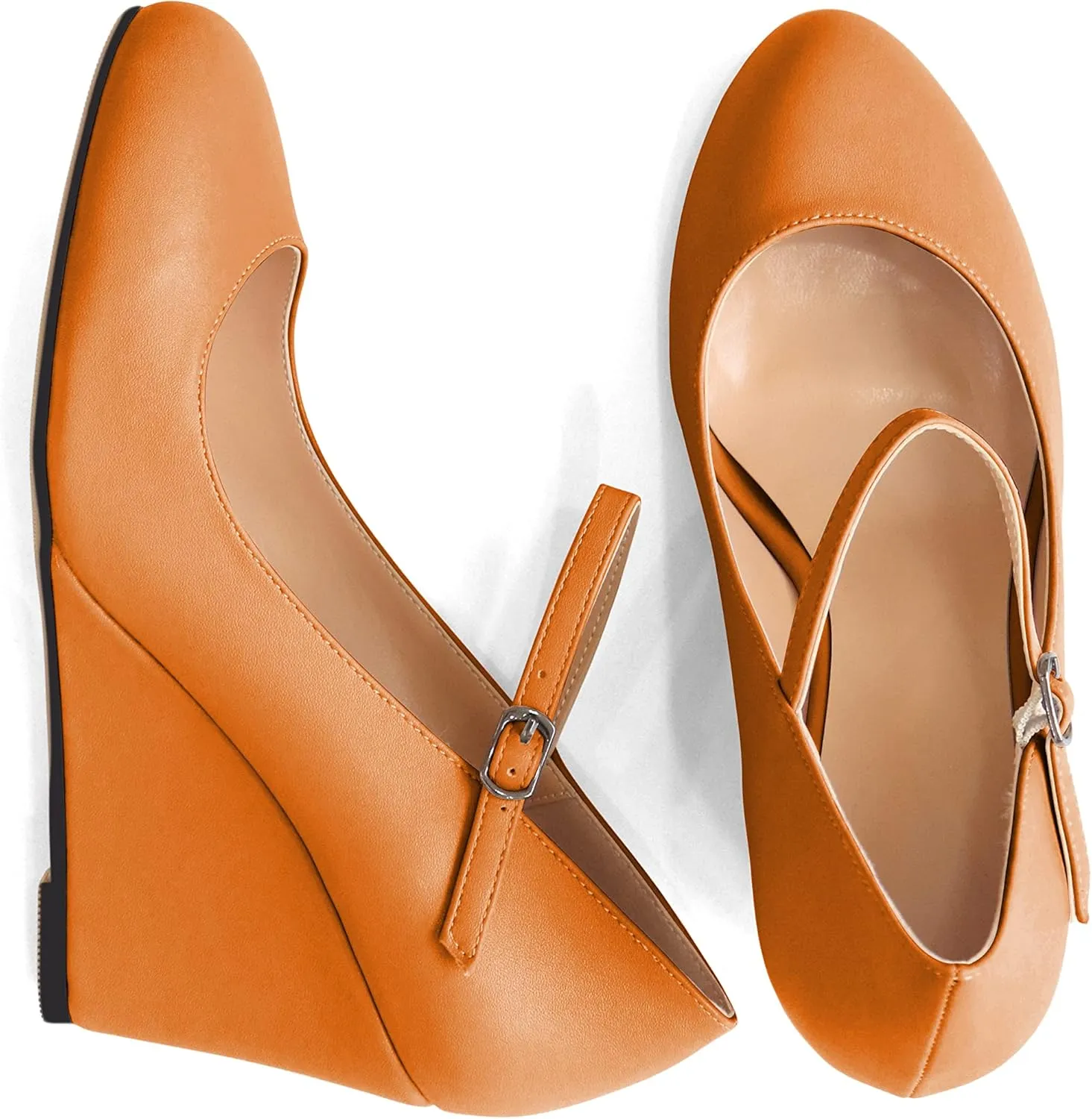 AUMOTED Women Wedge Round Toe Pumps High Heels Mary Jane Ankle Strap with Adjustable Buckle Wedding Party Dress Shoes 3.4 Inches