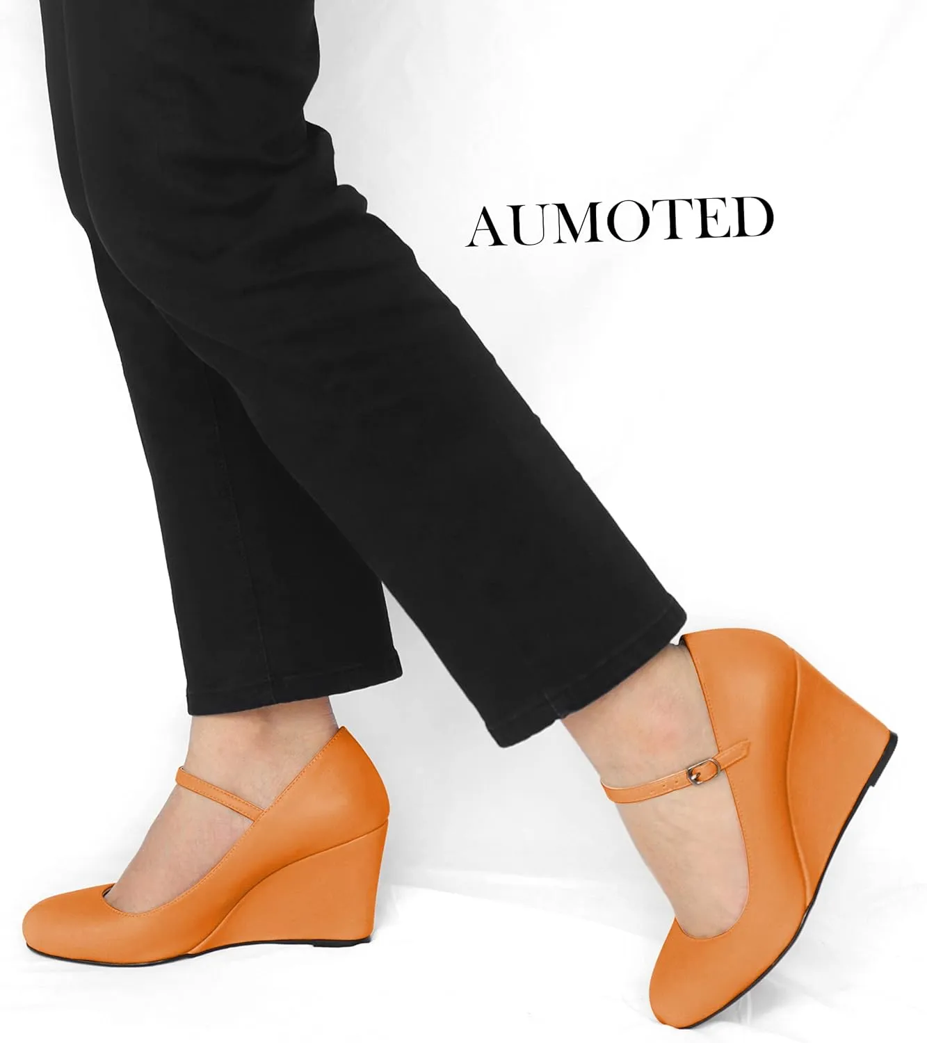 AUMOTED Women Wedge Round Toe Pumps High Heels Mary Jane Ankle Strap with Adjustable Buckle Wedding Party Dress Shoes 3.4 Inches