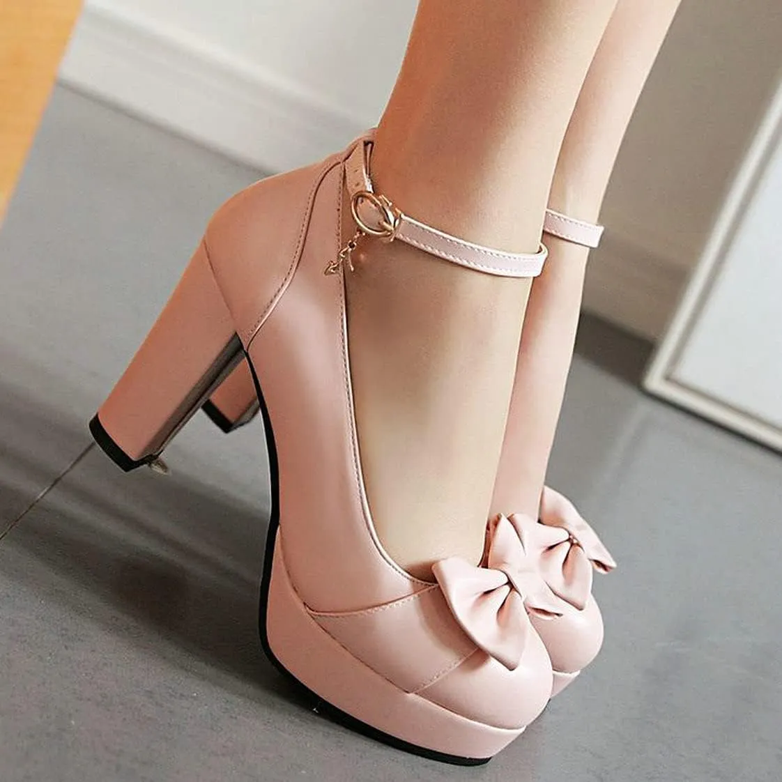 BEAUPAS Women's Buckle Ankle Strap Chunky Heels Platform High Heel Pump Bow Cute Shoes