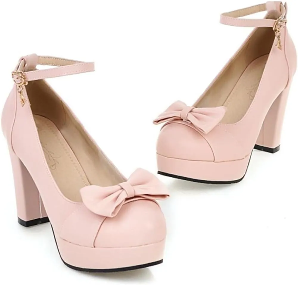 BEAUPAS Women's Buckle Ankle Strap Chunky Heels Platform High Heel Pump Bow Cute Shoes