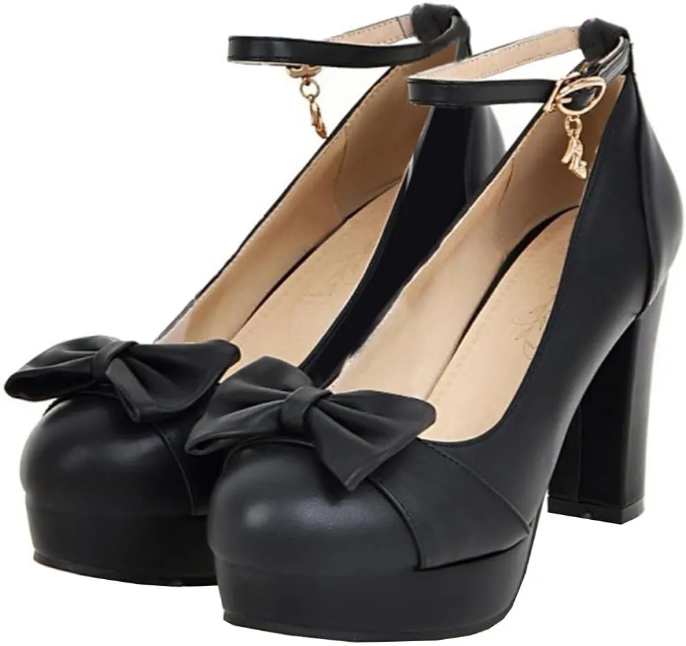 BEAUPAS Women's Buckle Ankle Strap Chunky Heels Platform High Heel Pump Bow Cute Shoes