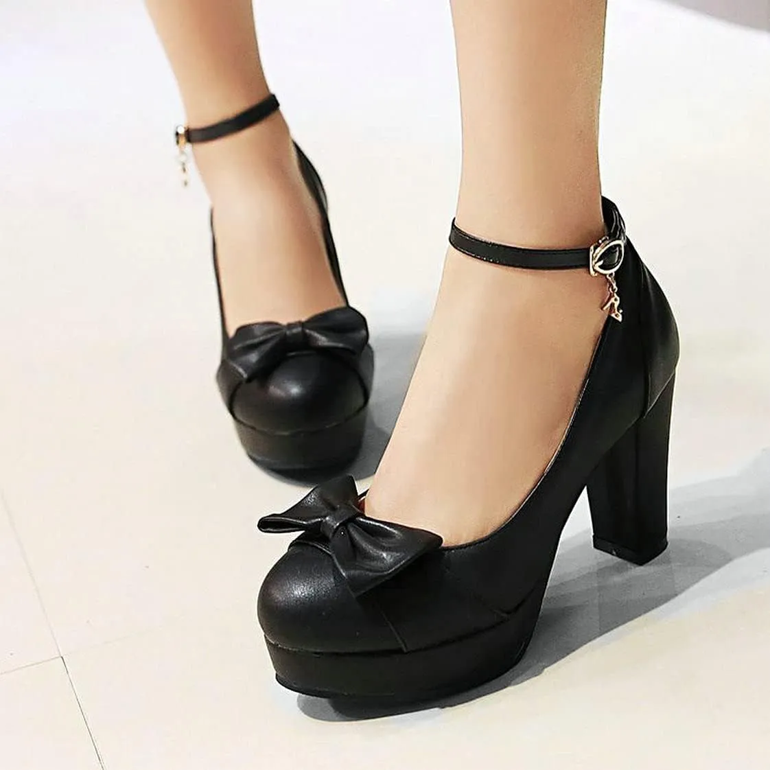 BEAUPAS Women's Buckle Ankle Strap Chunky Heels Platform High Heel Pump Bow Cute Shoes