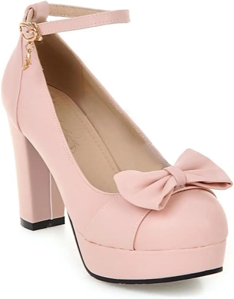 BEAUPAS Women's Buckle Ankle Strap Chunky Heels Platform High Heel Pump Bow Cute Shoes