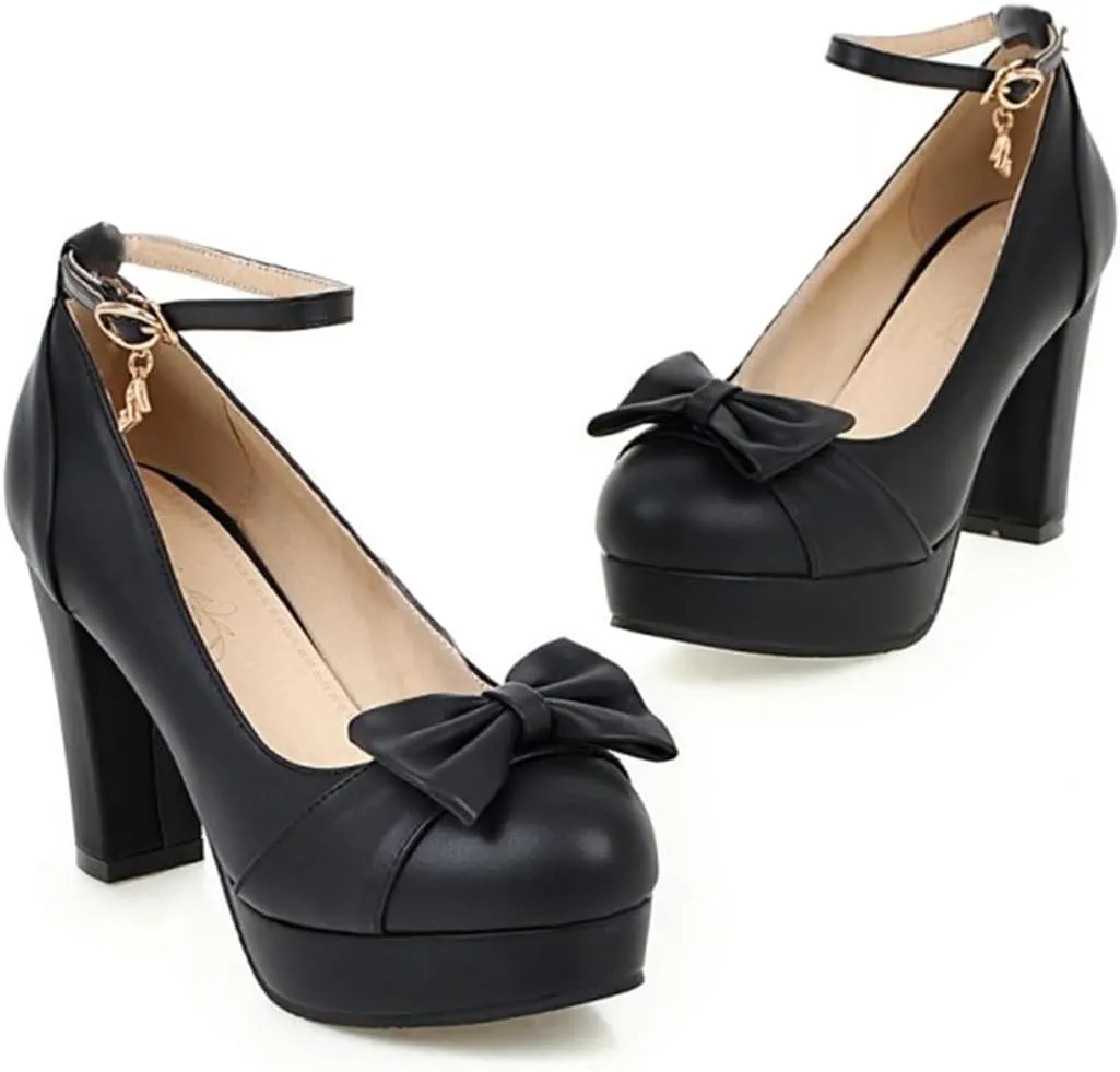 BEAUPAS Women's Buckle Ankle Strap Chunky Heels Platform High Heel Pump Bow Cute Shoes