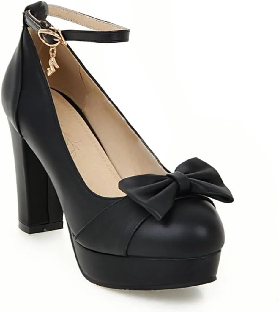BEAUPAS Women's Buckle Ankle Strap Chunky Heels Platform High Heel Pump Bow Cute Shoes