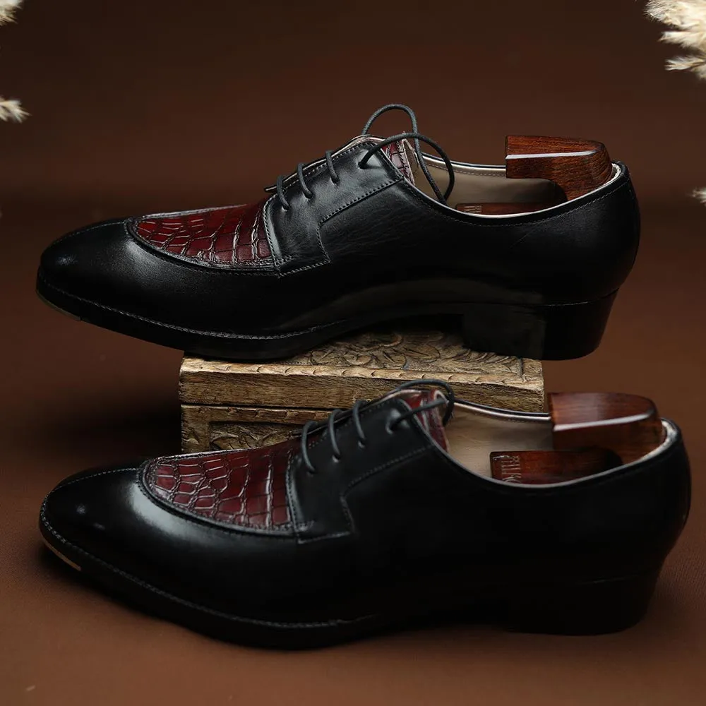 Black   Burgundy Croco Mirror Glossed Patina Derby   Cuban Stacked Heel & Metal Toe Plate