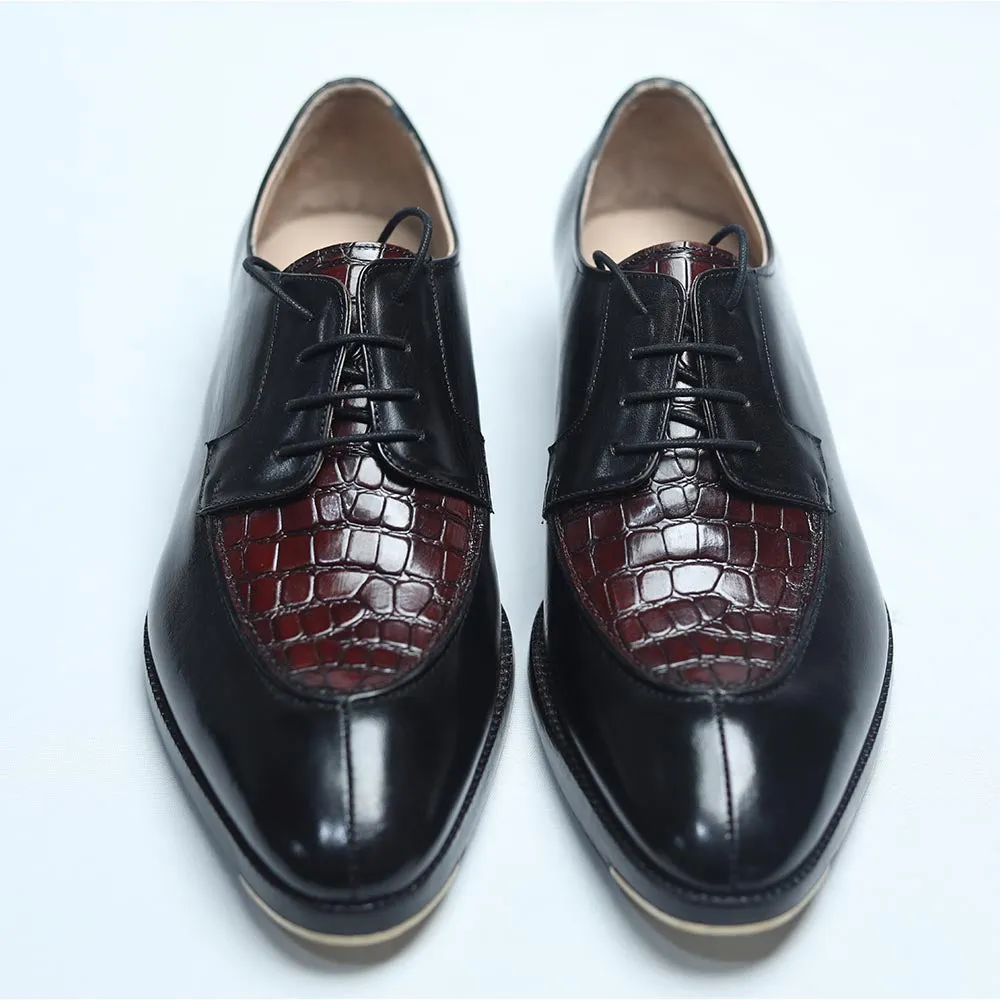 Black   Burgundy Croco Mirror Glossed Patina Derby   Cuban Stacked Heel & Metal Toe Plate