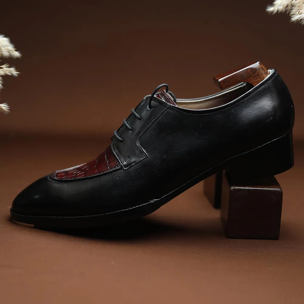 Black   Burgundy Croco Mirror Glossed Patina Derby   Cuban Stacked Heel & Metal Toe Plate