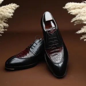 Black   Burgundy Croco Mirror Glossed Patina Derby   Cuban Stacked Heel & Metal Toe Plate