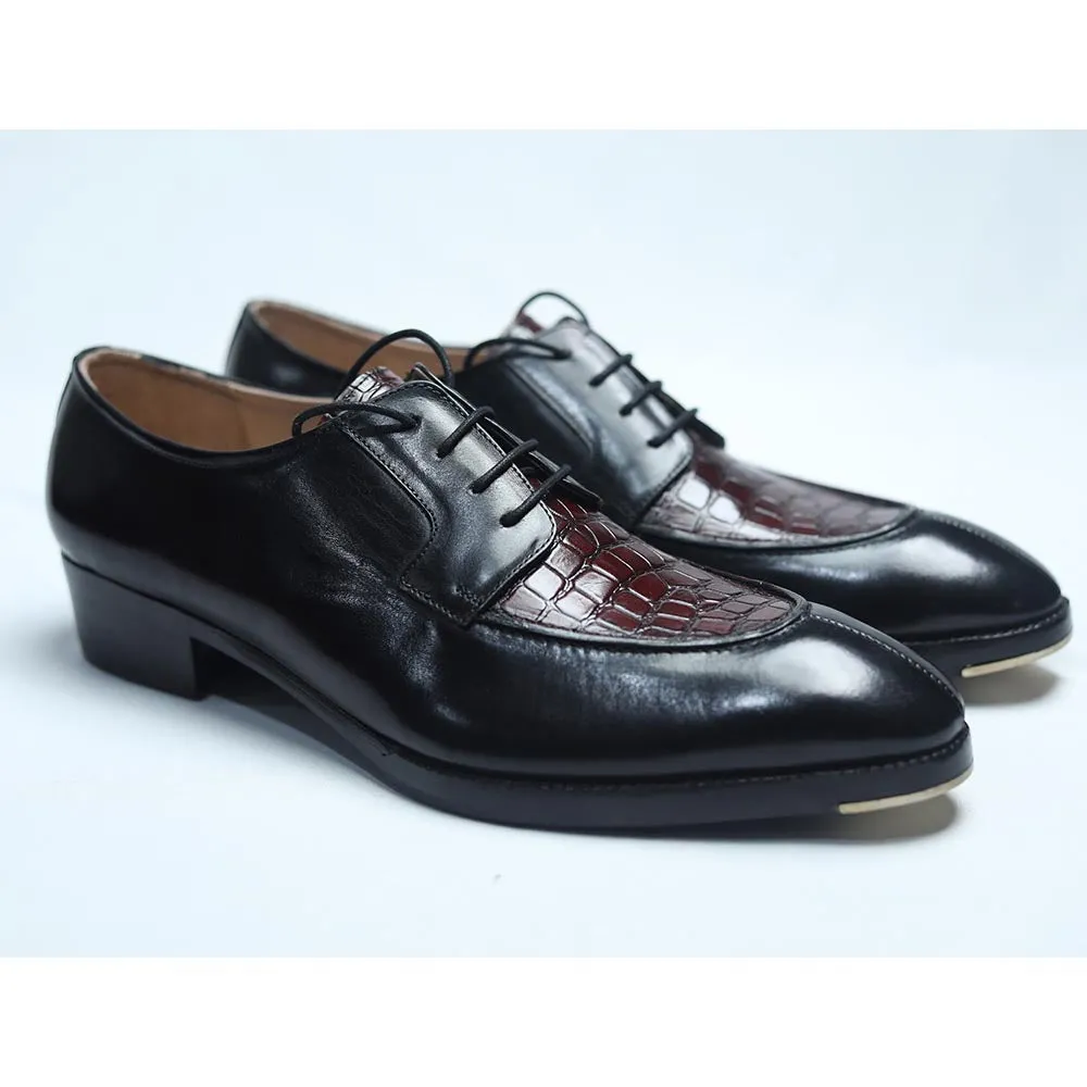 Black   Burgundy Croco Mirror Glossed Patina Derby   Cuban Stacked Heel & Metal Toe Plate