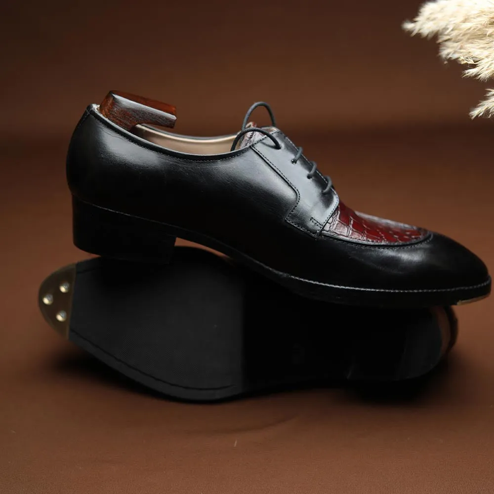 Black   Burgundy Croco Mirror Glossed Patina Derby   Cuban Stacked Heel & Metal Toe Plate