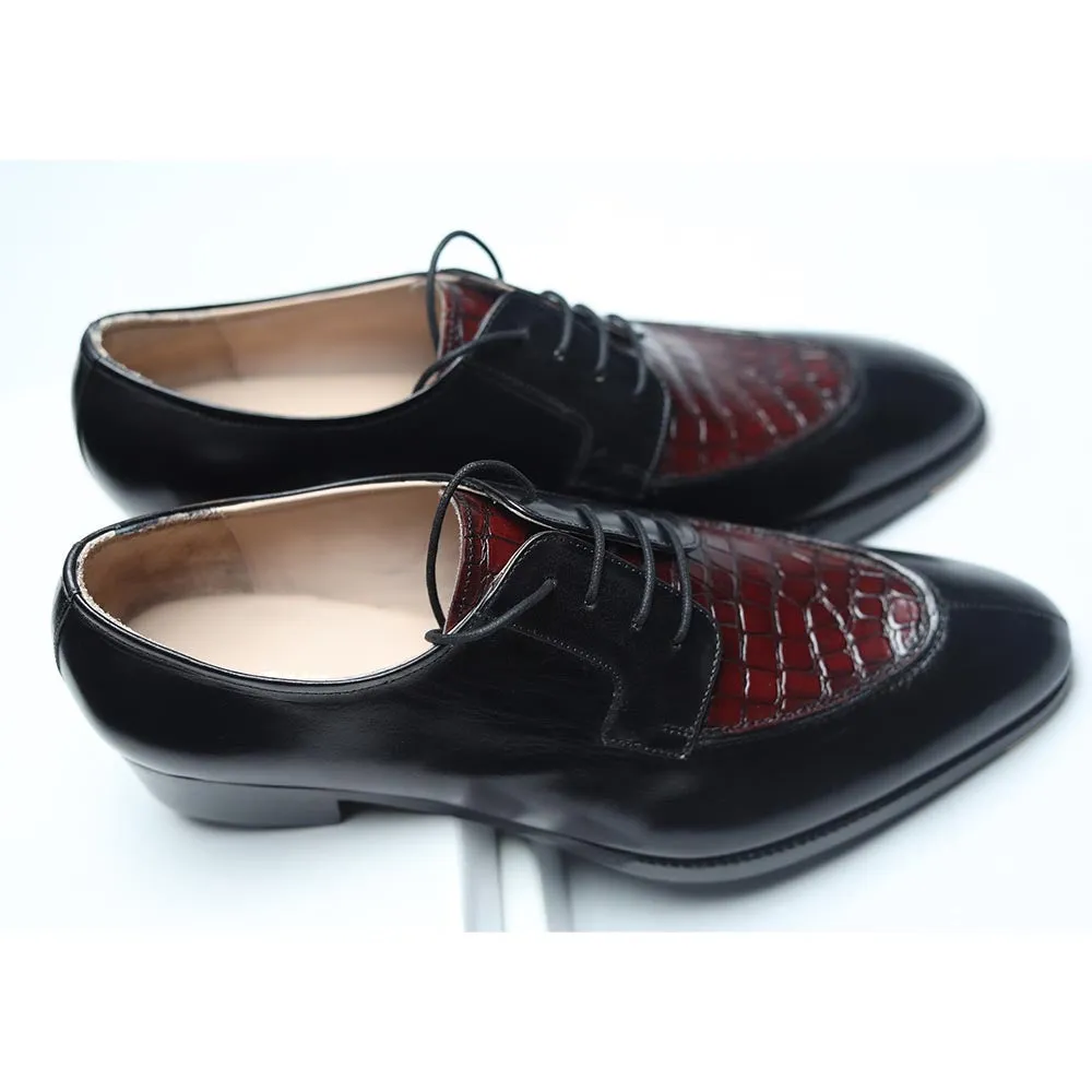 Black   Burgundy Croco Mirror Glossed Patina Derby   Cuban Stacked Heel & Metal Toe Plate