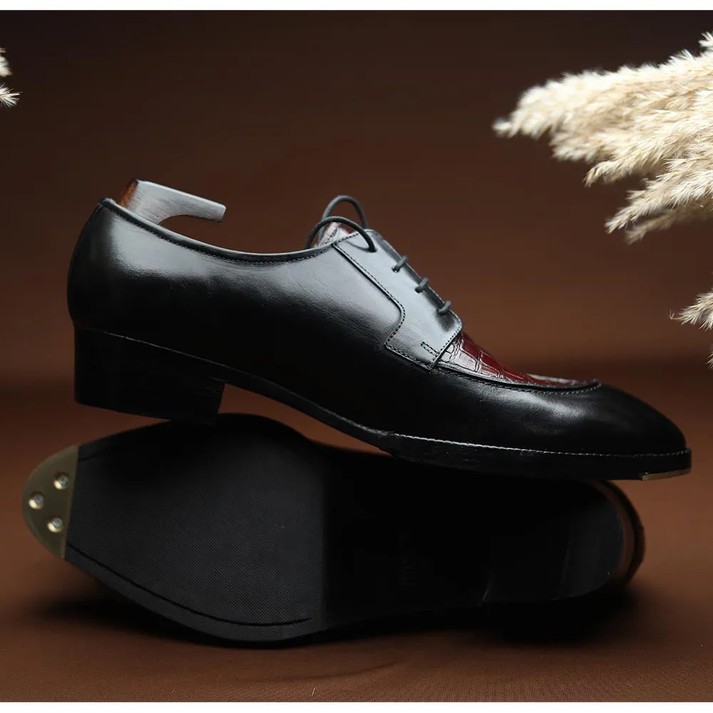 Black   Burgundy Croco Mirror Glossed Patina Derby   Cuban Stacked Heel & Metal Toe Plate