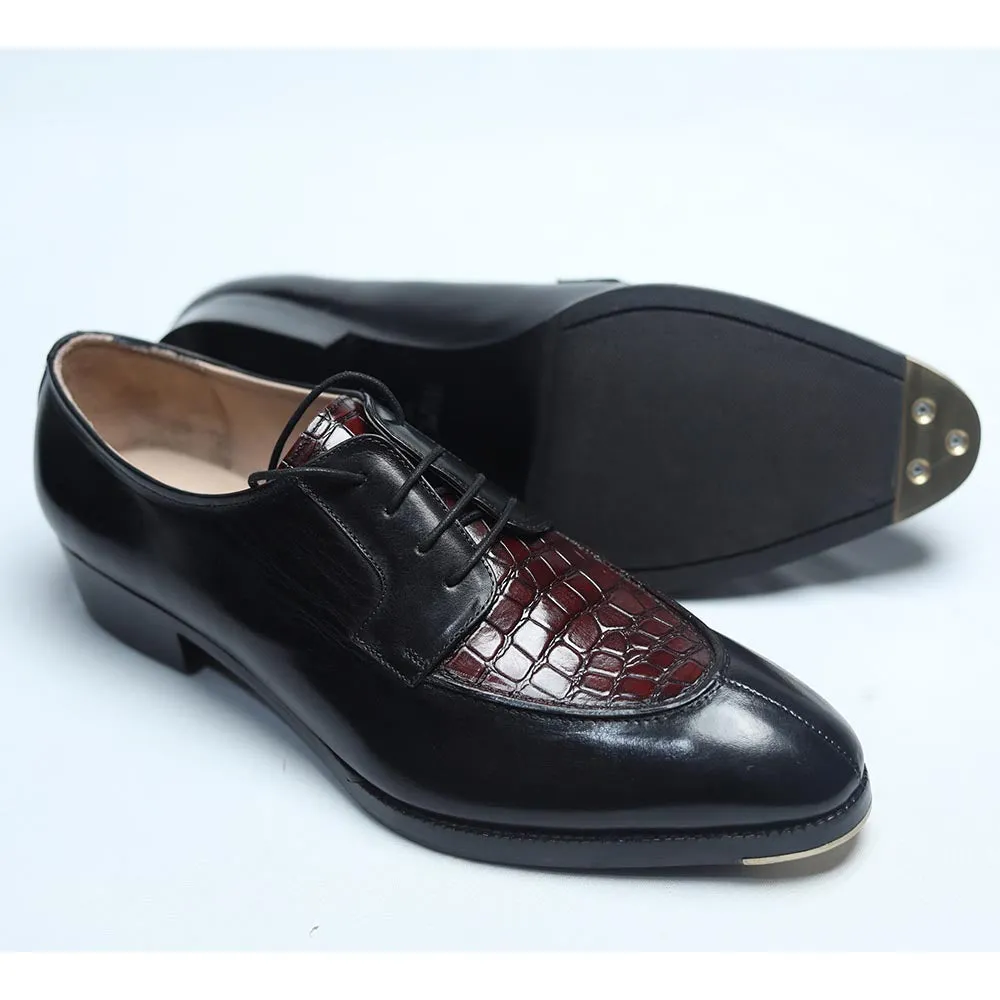 Black   Burgundy Croco Mirror Glossed Patina Derby   Cuban Stacked Heel & Metal Toe Plate