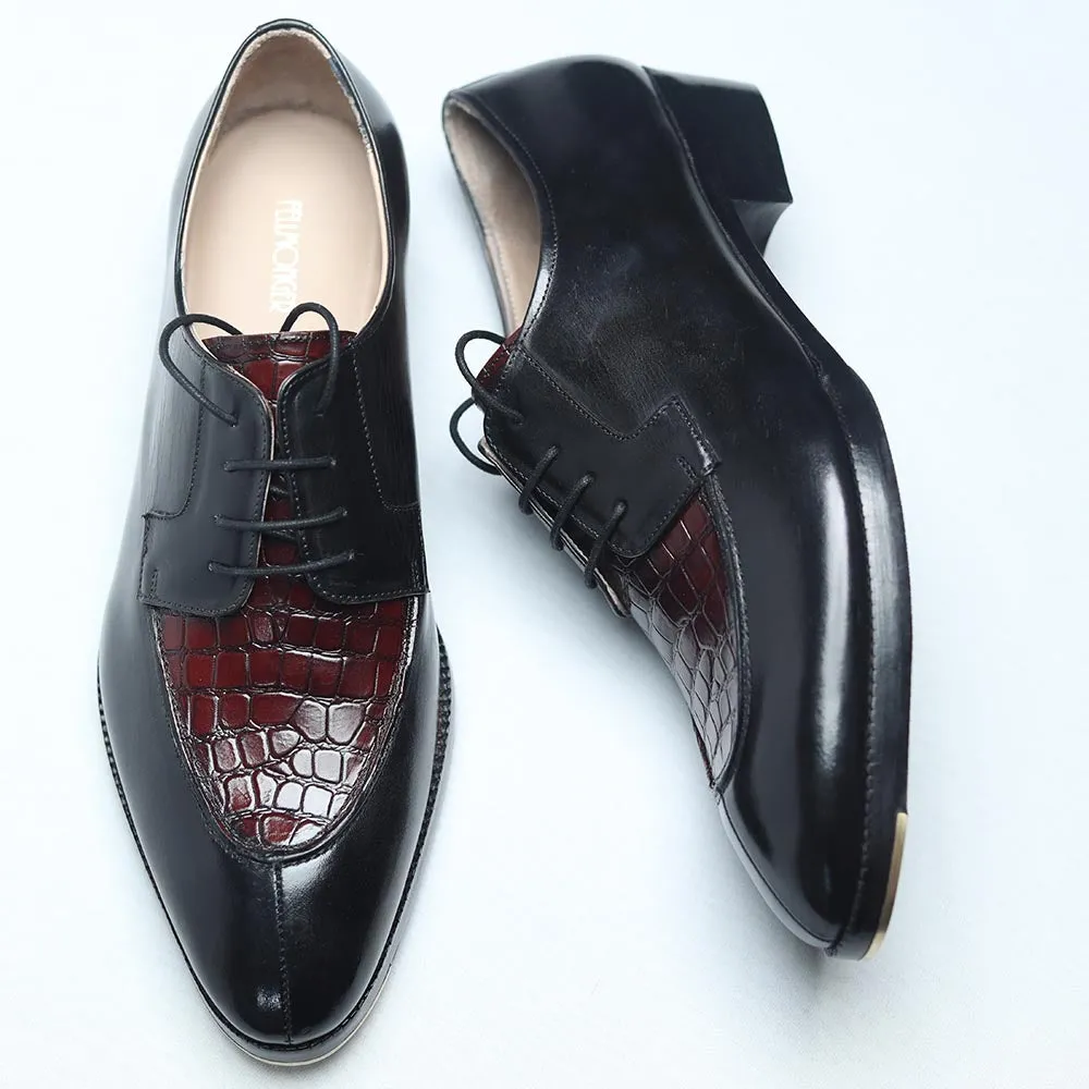 Black   Burgundy Croco Mirror Glossed Patina Derby   Cuban Stacked Heel & Metal Toe Plate