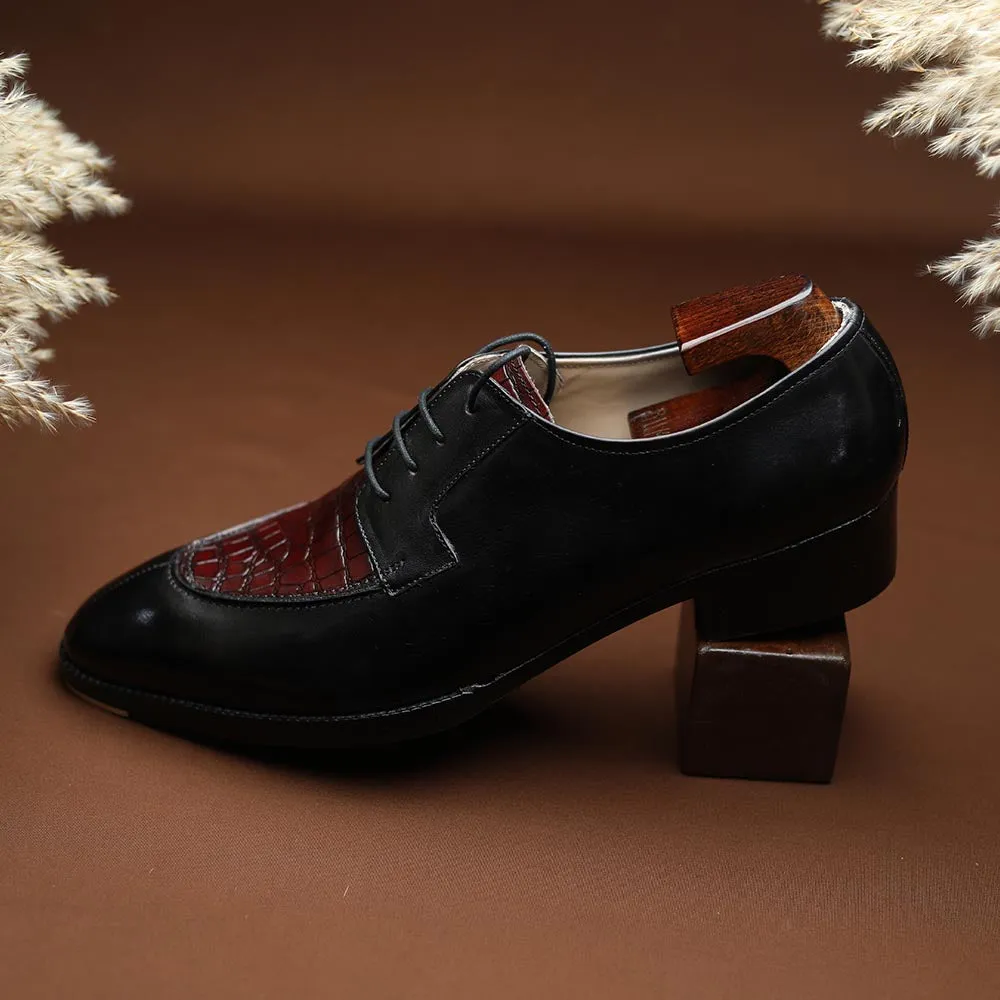 Black   Burgundy Croco Mirror Glossed Patina Derby   Cuban Stacked Heel & Metal Toe Plate