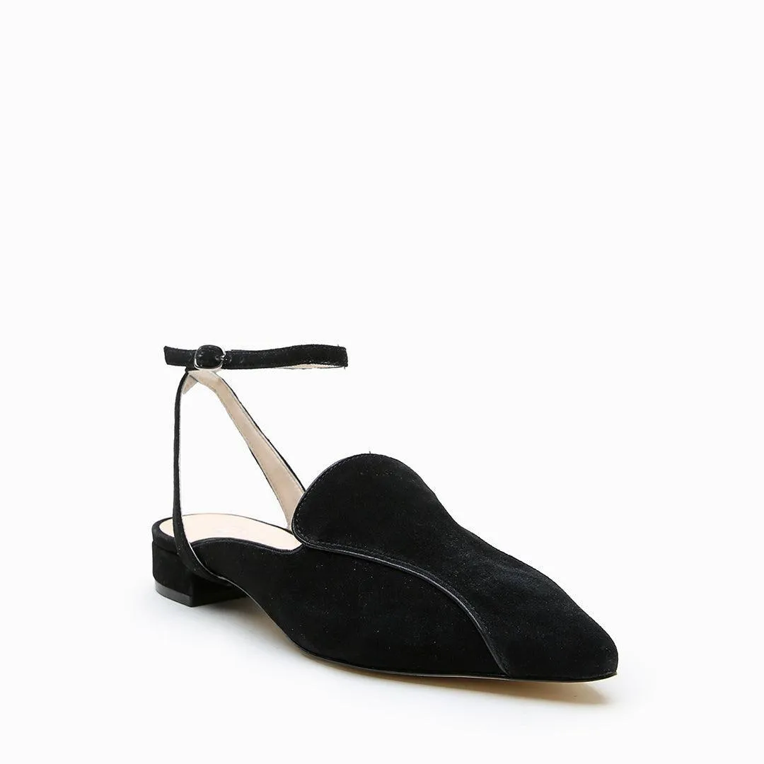 Black Suede Pointed Loafer   Marilyn Strap