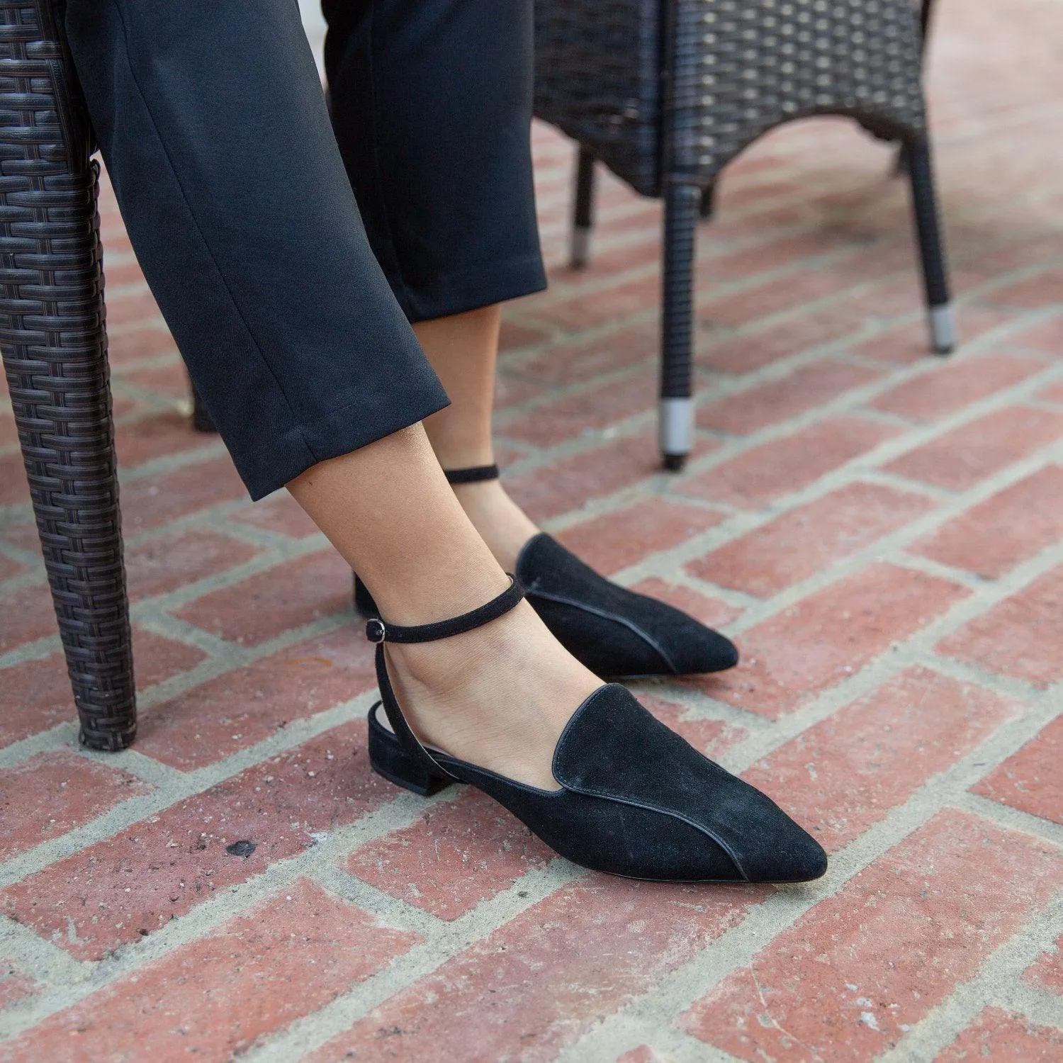 Black Suede Pointed Loafer   Marilyn Strap