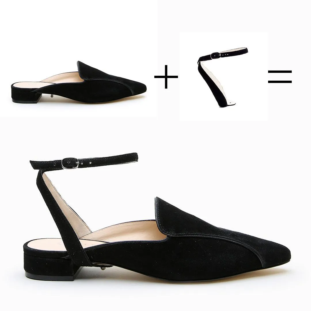 Black Suede Pointed Loafer   Marilyn Strap
