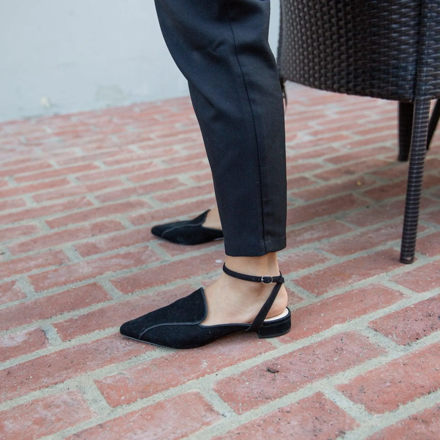 Black Suede Pointed Loafer   Marilyn Strap