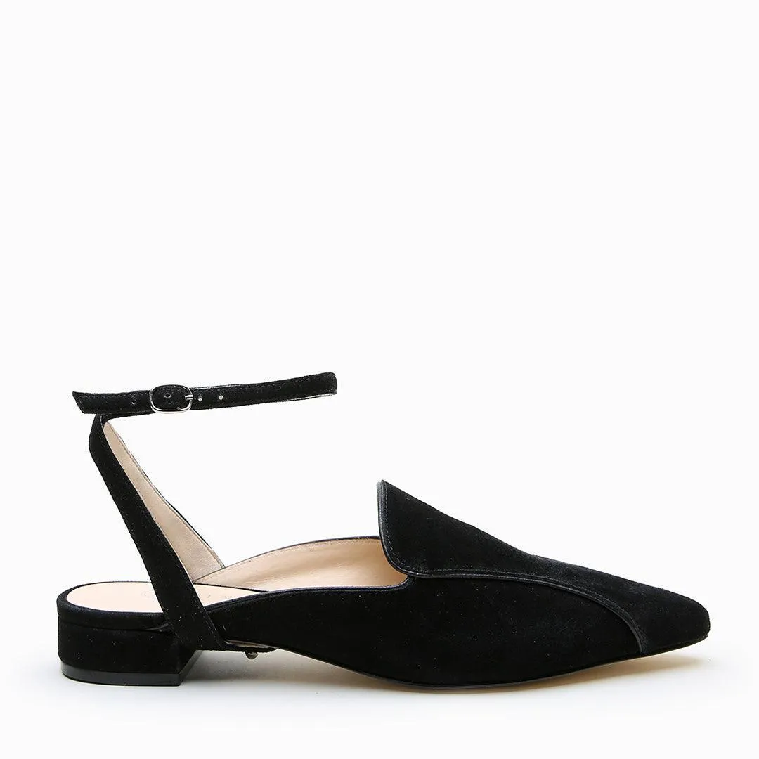 Black Suede Pointed Loafer   Marilyn Strap